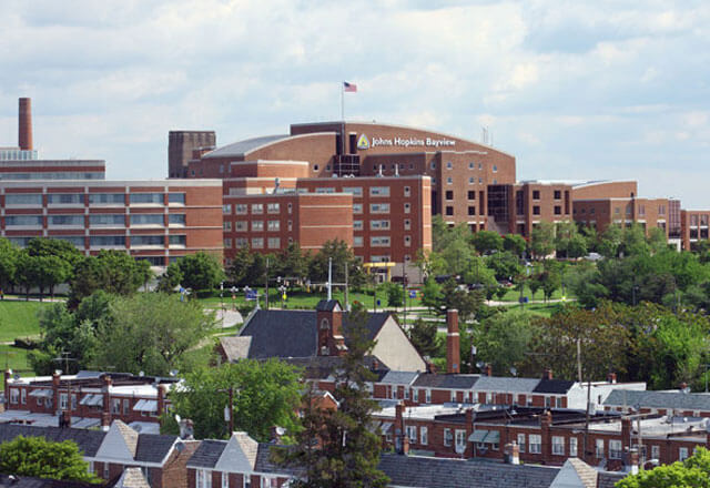 The exterior of the Johns Hopkins Bayview Medical Center.