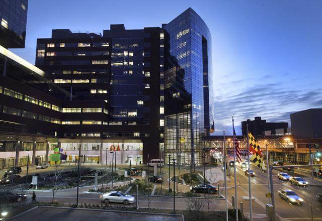 The Charlotte R. Bloomberg Children's Center exterior at night