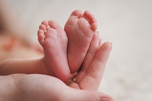 Infant feet in hand