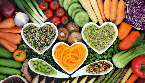 fruits and vegetables in a heart shape